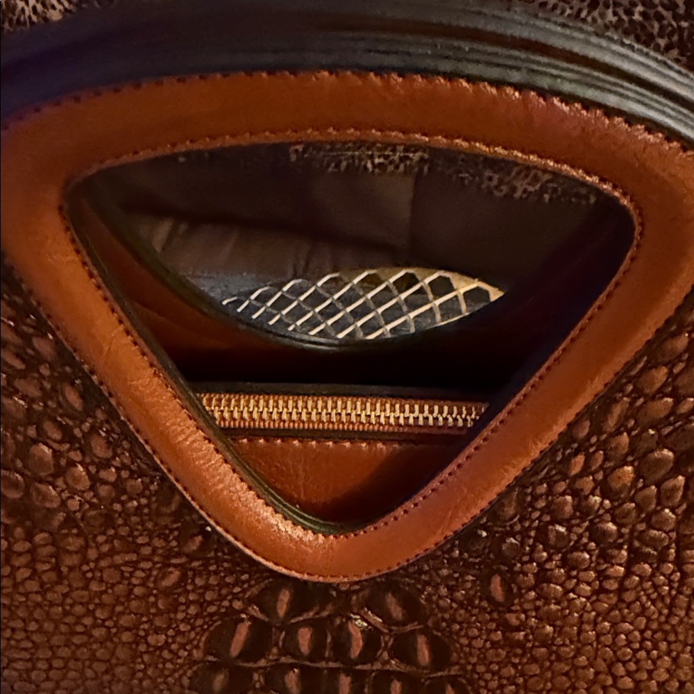 Brown Croc-Embossed Dome Satchel with Top Handle and Detachable Strap - Picture 3 of 7